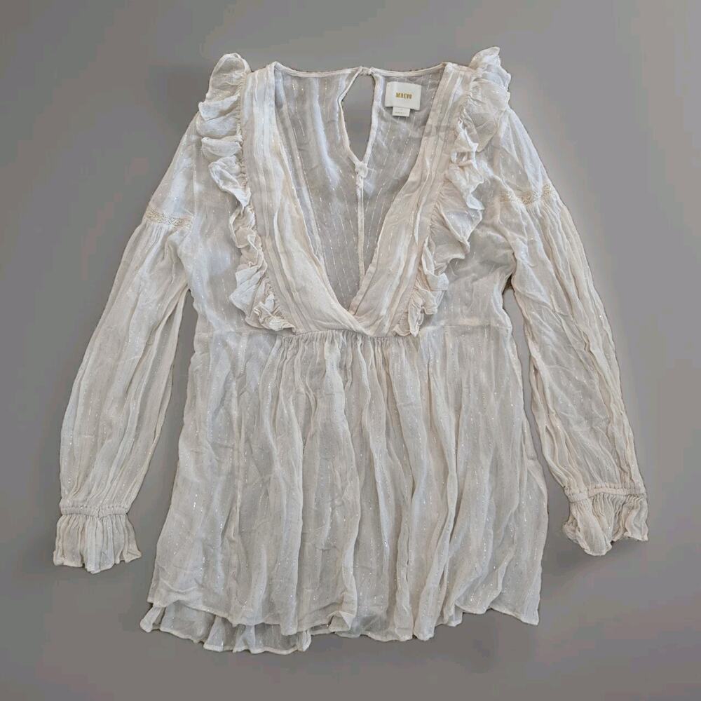 Maeve Womens‎ Long Sleeve Pleated Blouse Tunic Cream Striped Silver Sz 2